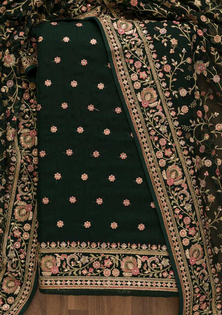 Bottle Green Threadwork Organza Unstitched Salwar Suit-Koskii