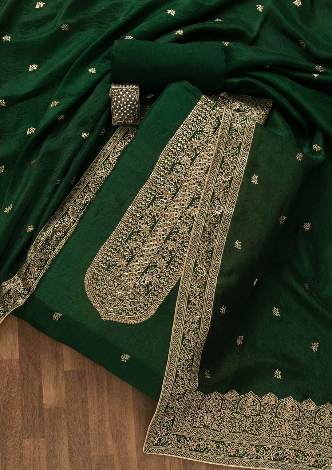 Bottle Green Zariwork Art Silk Unstitched Salwar Kameez-Koskii