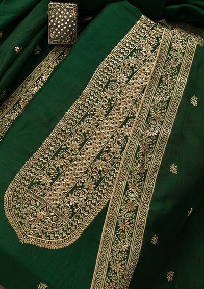 Bottle Green Zariwork Art Silk Unstitched Salwar Kameez-Koskii