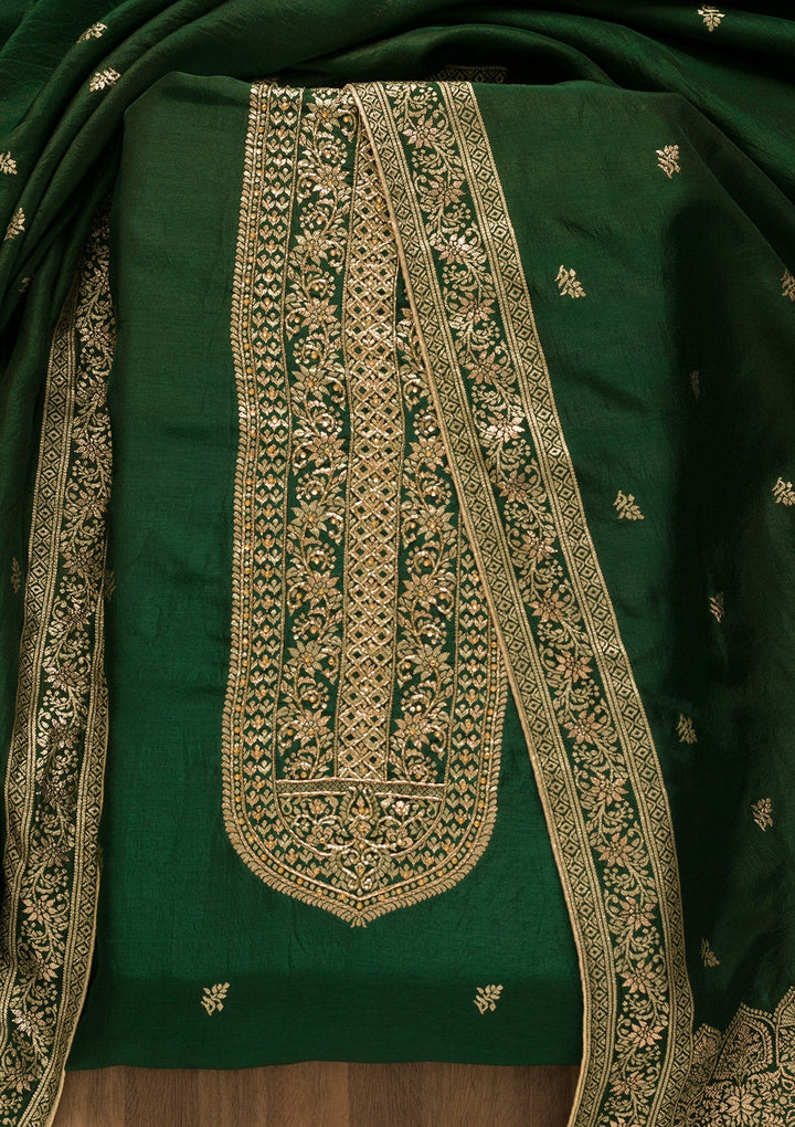 Bottle Green Zariwork Art Silk Unstitched Salwar Kameez-Koskii