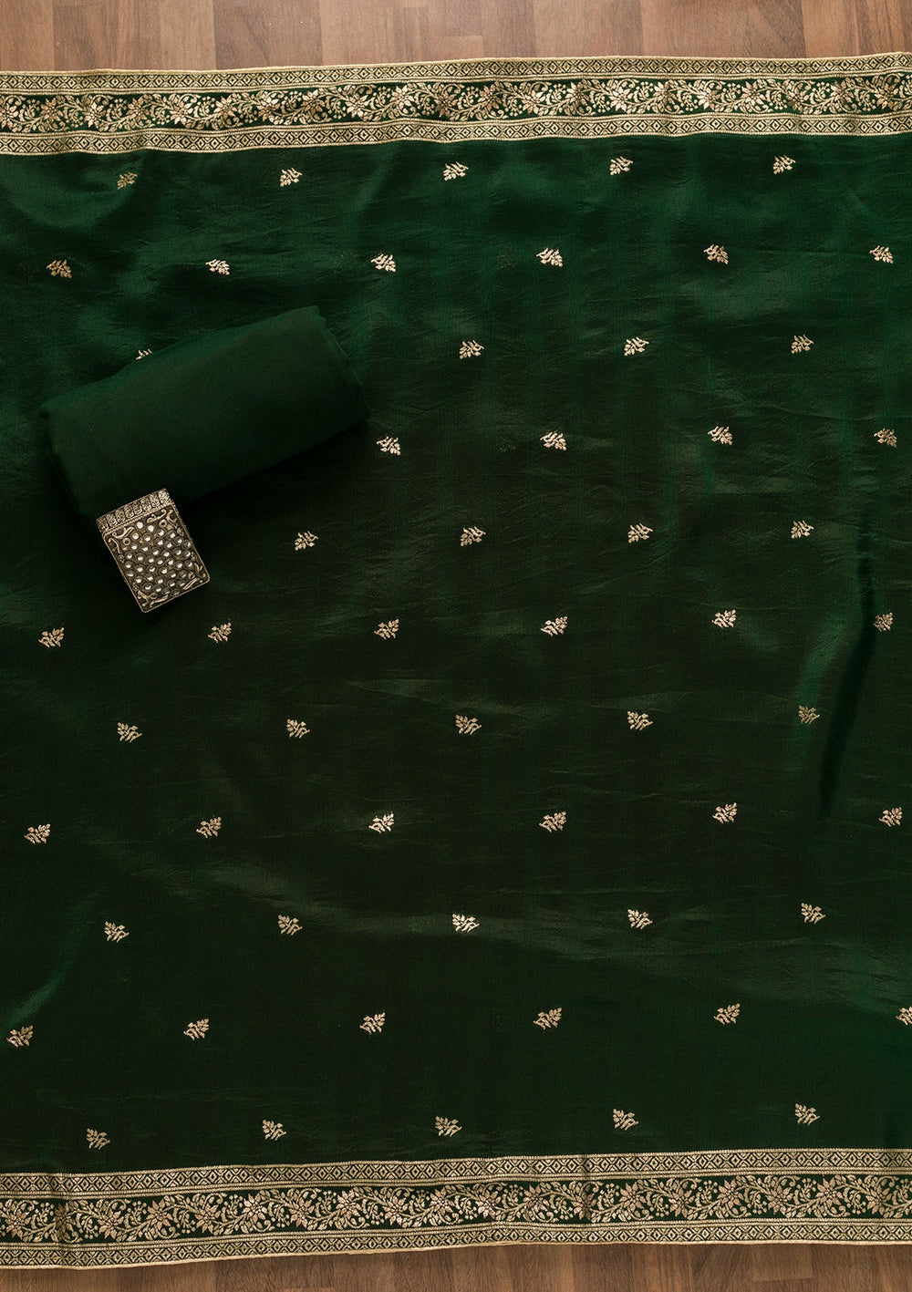 Bottle Green Zariwork Art Silk Unstitched Salwar Kameez-Koskii