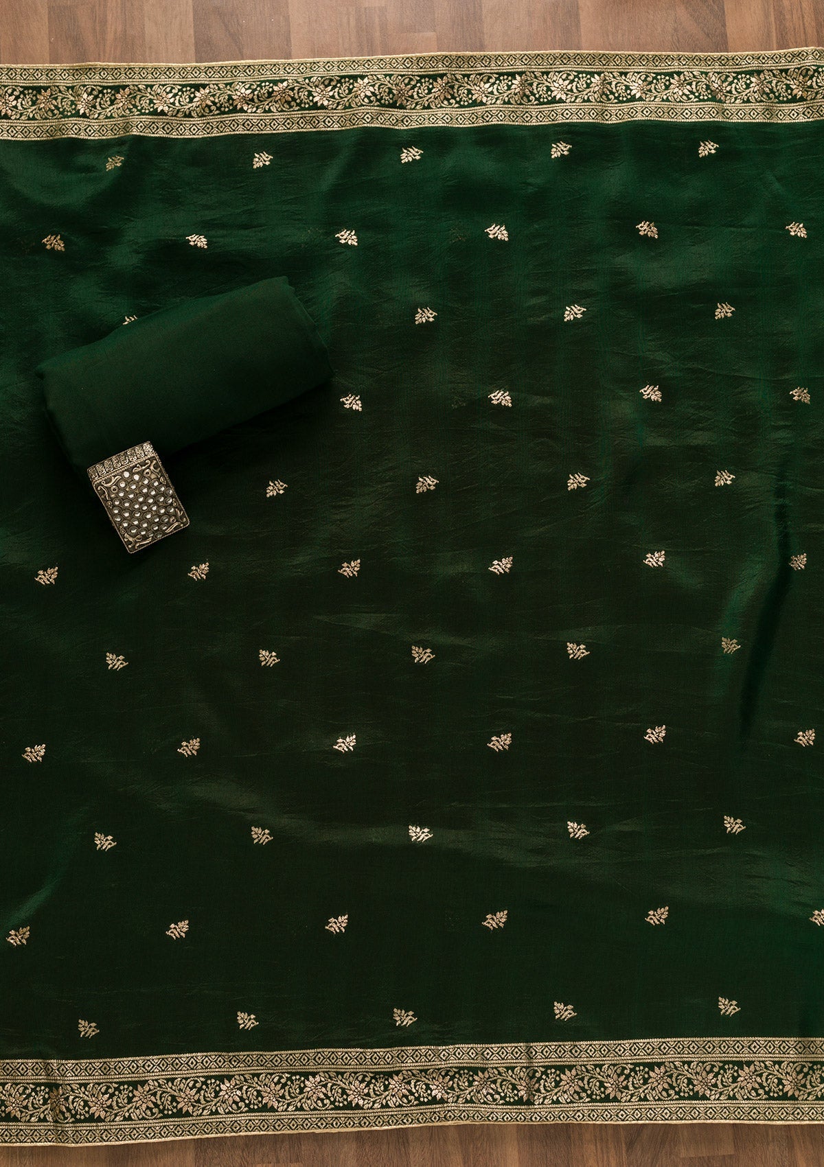 Bottle Green Zariwork Art Silk Unstitched Salwar Kameez-Koskii