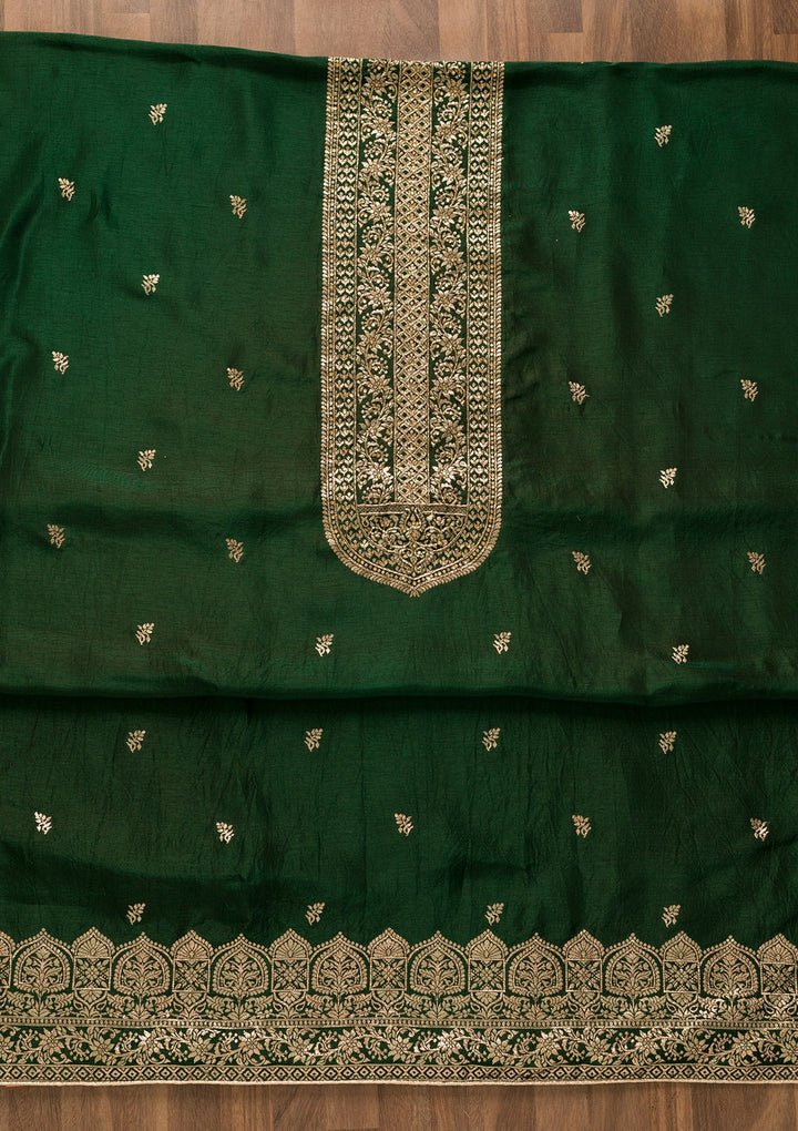 Bottle Green Zariwork Art Silk Unstitched Salwar Kameez-Koskii