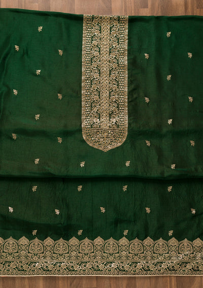 Bottle Green Zariwork Art Silk Unstitched Salwar Kameez-Koskii