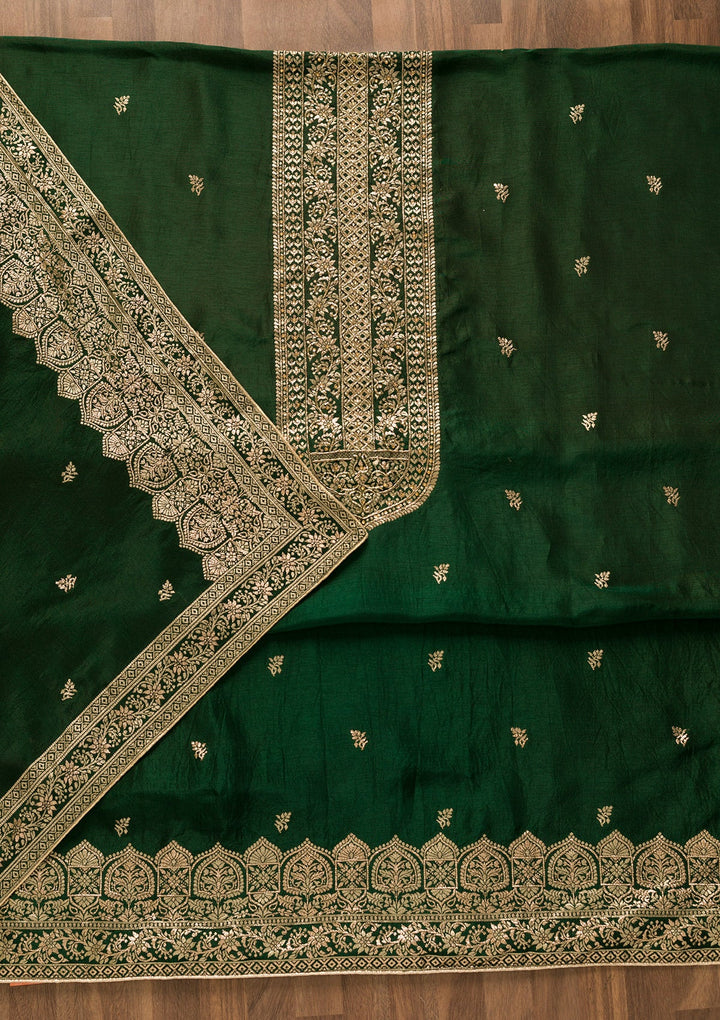 Bottle Green Zariwork Art Silk Unstitched Salwar Kameez-Koskii