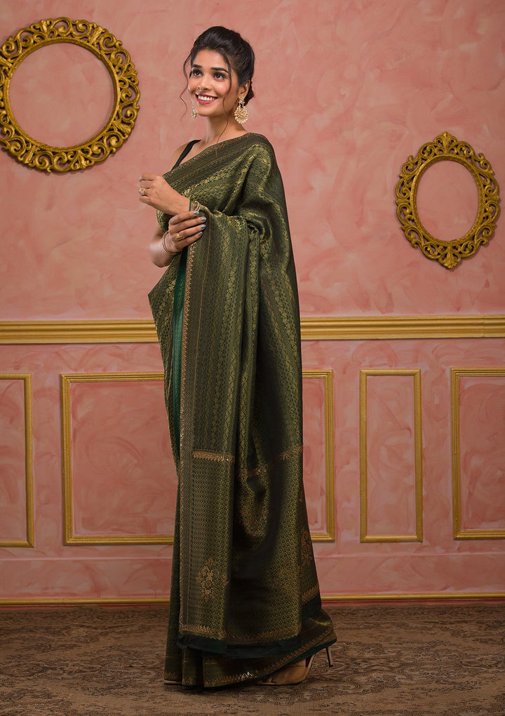 Bottle Green Zariwork Art Silk Saree-Koskii