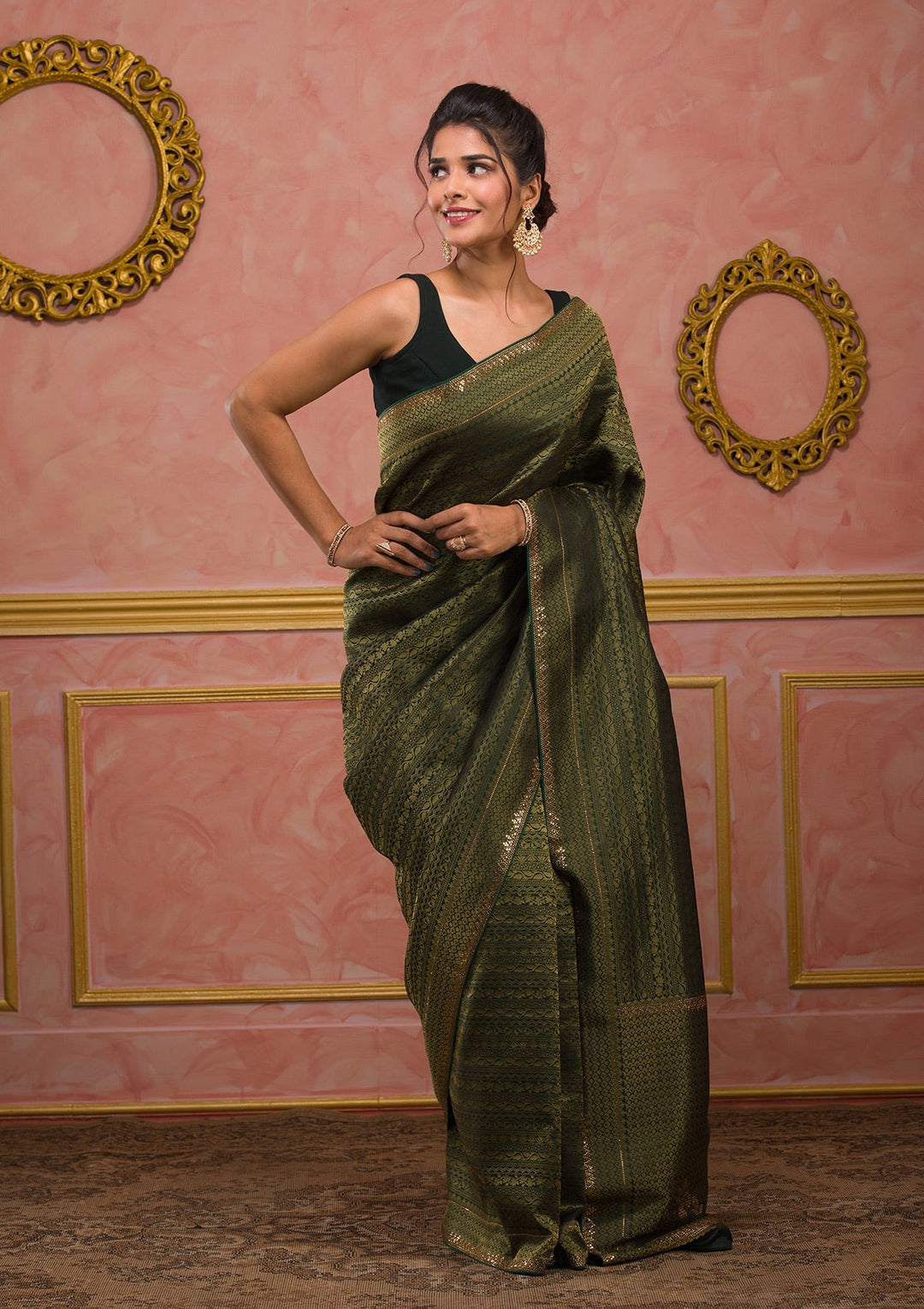Bottle Green Zariwork Art Silk Saree-Koskii