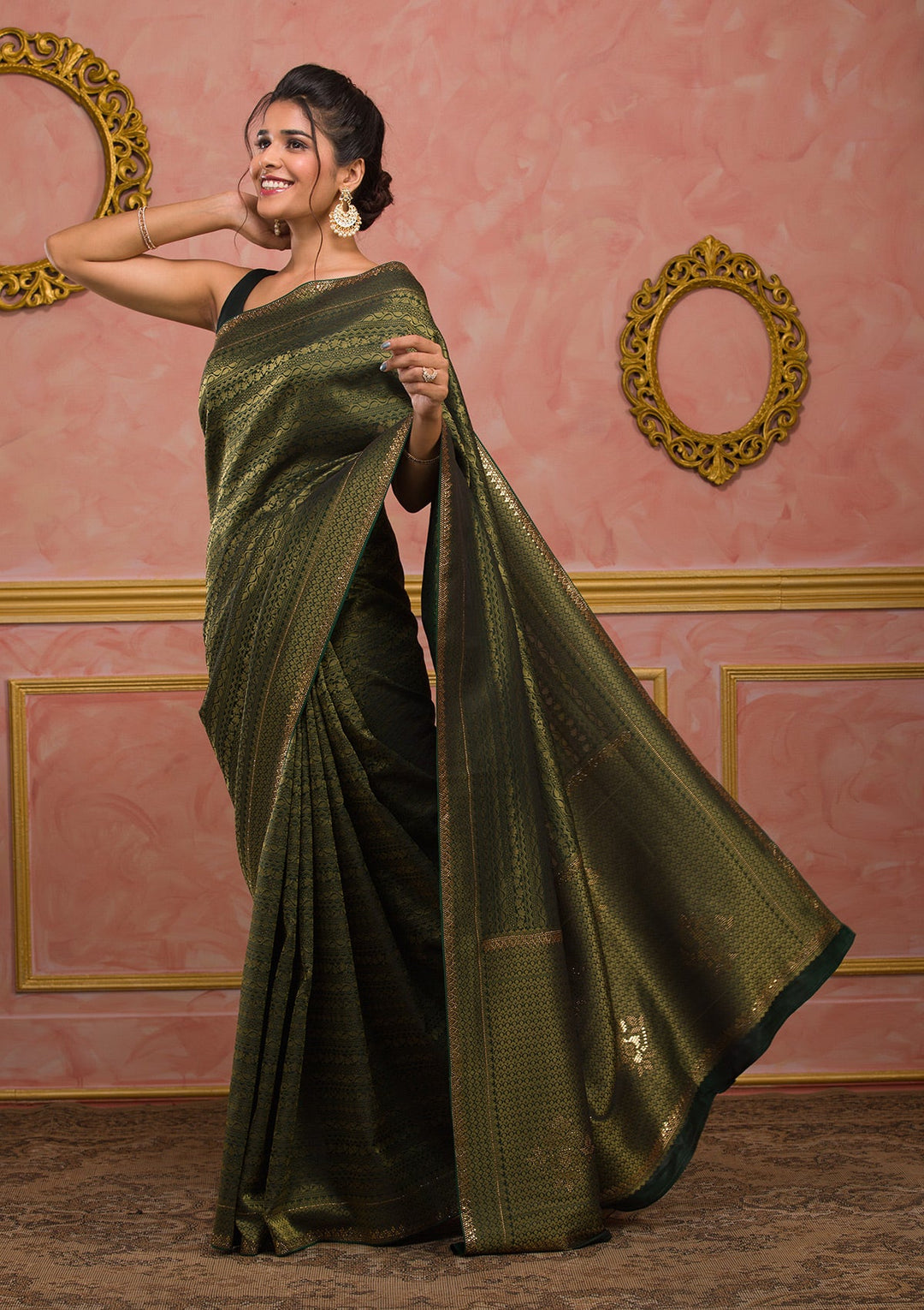 Bottle Green Zariwork Art Silk Saree-Koskii