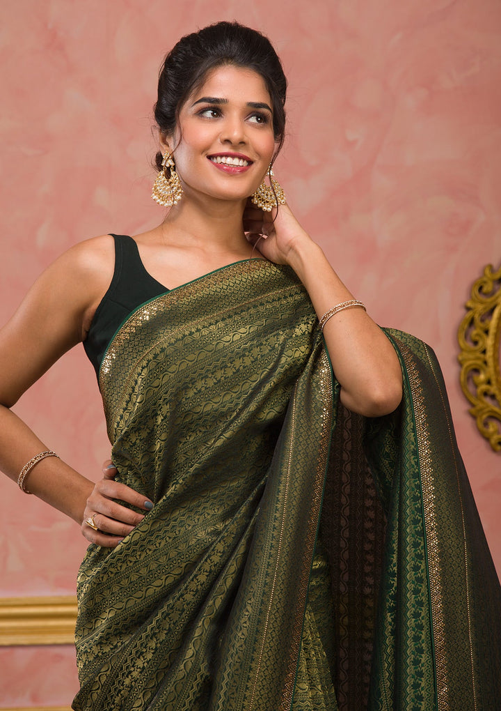 Bottle Green Zariwork Art Silk Saree-Koskii