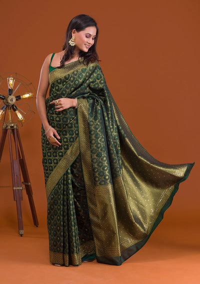 Bottle Green Zariwork Banarasi Saree-Koskii