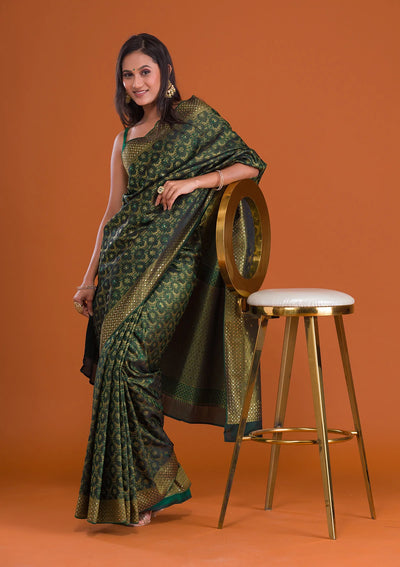 Bottle Green Zariwork Banarasi Saree-Koskii