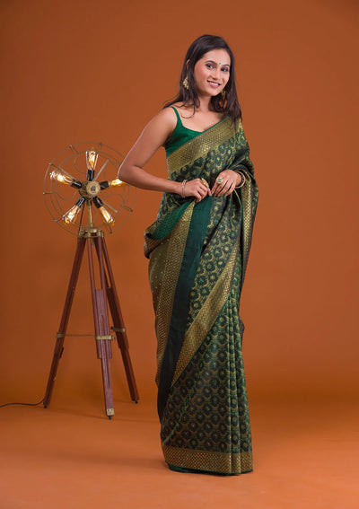 Bottle Green Zariwork Banarasi Saree-Koskii