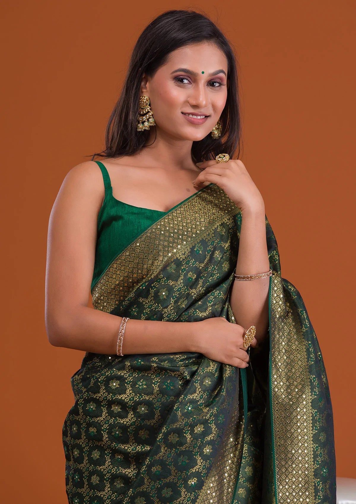 Bottle Green Zariwork Banarasi Saree-Koskii