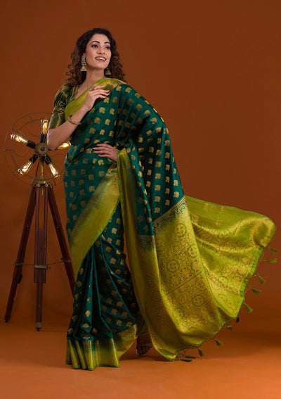 Bottle Green Zariwork Banarasi Saree-Koskii