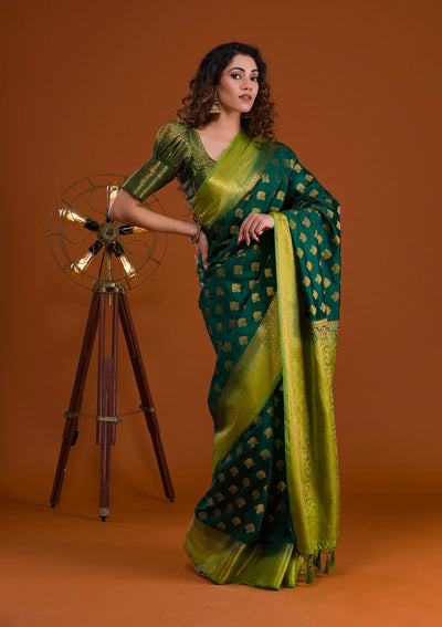 Bottle Green Zariwork Banarasi Saree-Koskii