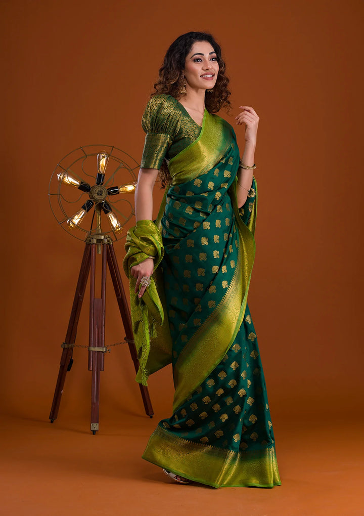Bottle Green Zariwork Banarasi Saree-Koskii