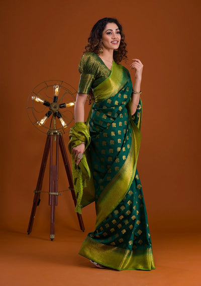 Bottle Green Zariwork Banarasi Saree-Koskii
