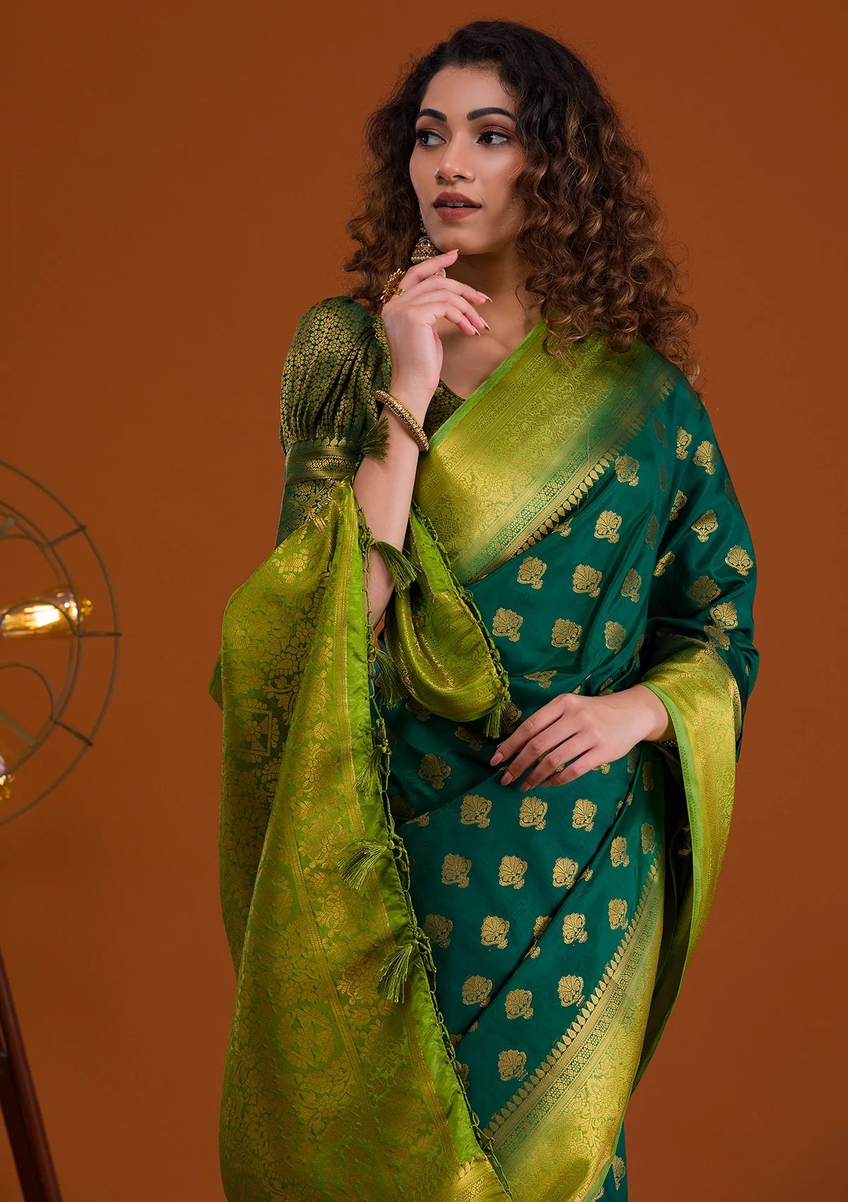 Bottle Green Zariwork Banarasi Saree-Koskii