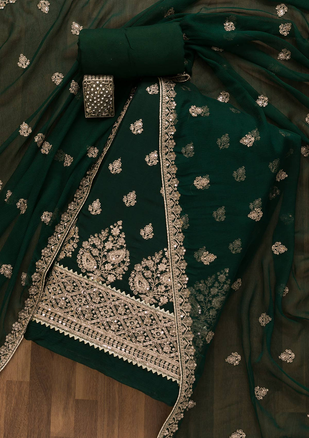 Bottle Green Zariwork Chiffon Unstitched Salwar Kameez-Koskii