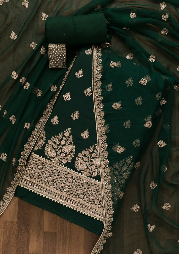Bottle Green Zariwork Chiffon Unstitched Salwar Kameez-Koskii