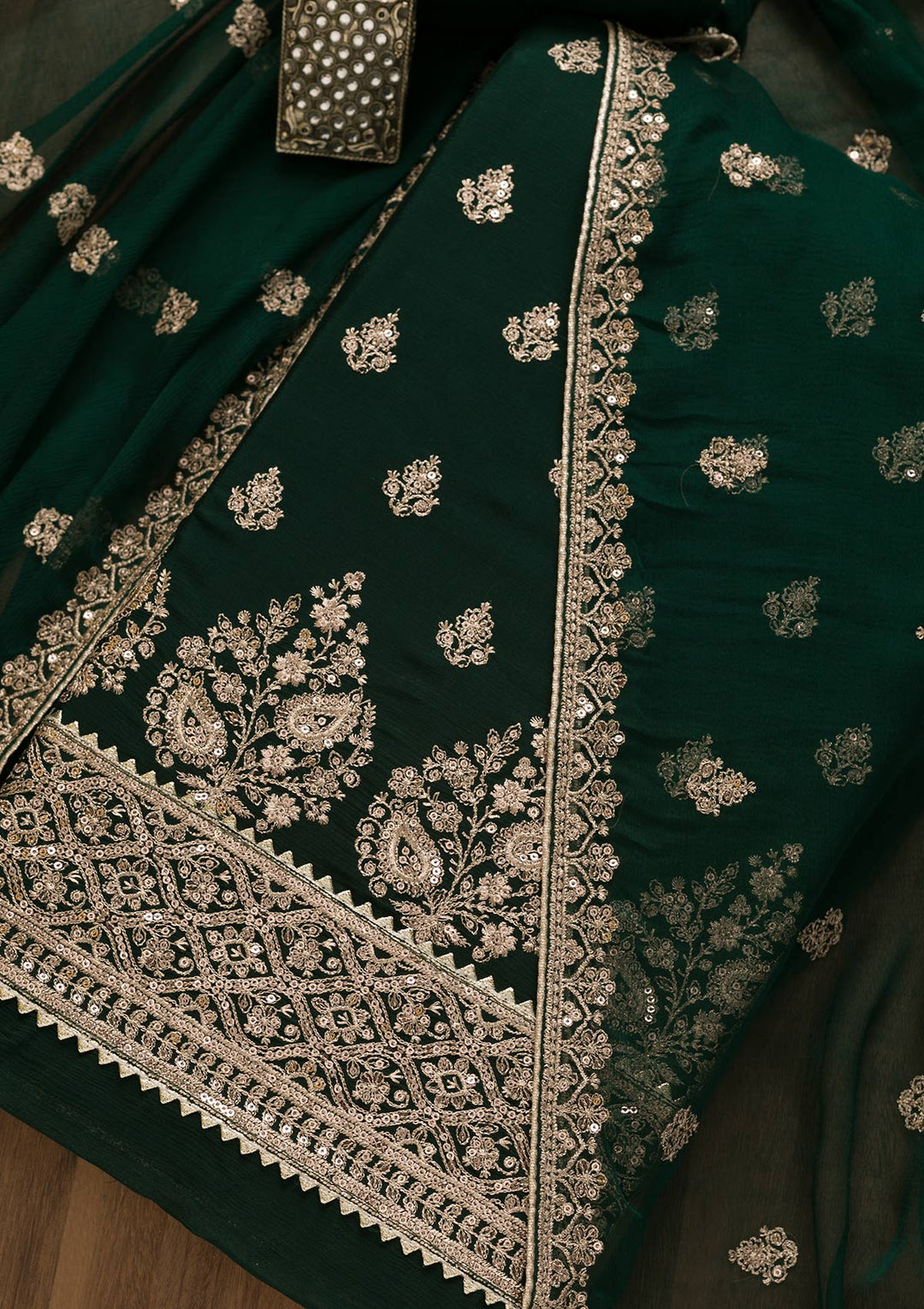 Bottle Green Zariwork Chiffon Unstitched Salwar Kameez-Koskii