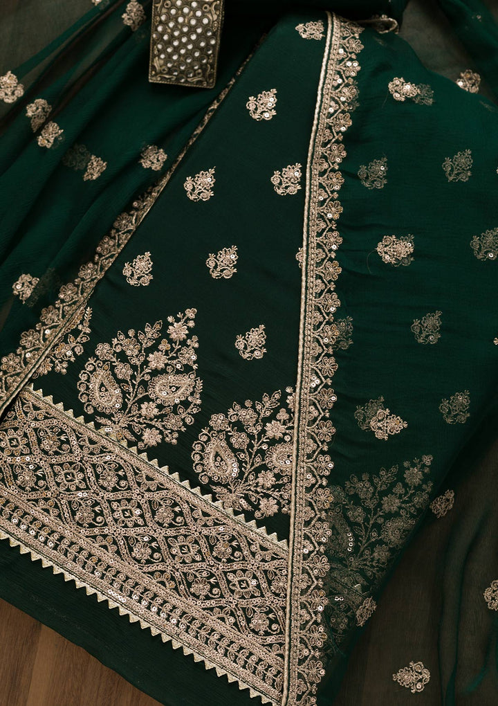 Bottle Green Zariwork Chiffon Unstitched Salwar Kameez-Koskii