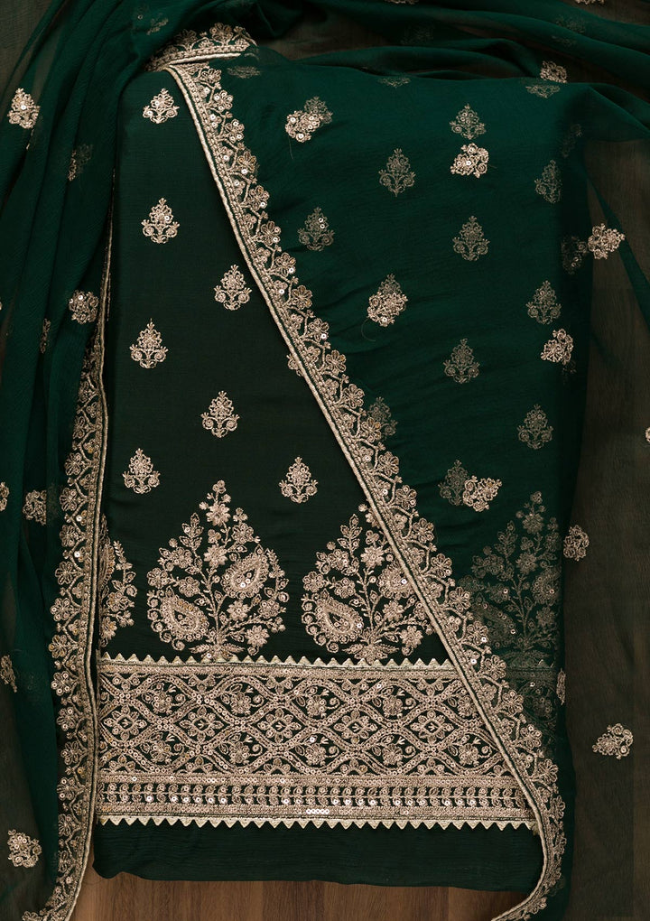 Bottle Green Zariwork Chiffon Unstitched Salwar Kameez-Koskii
