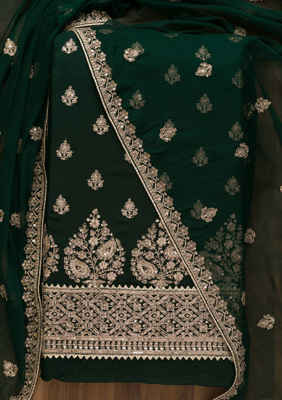 Bottle Green Zariwork Chiffon Unstitched Salwar Kameez-Koskii