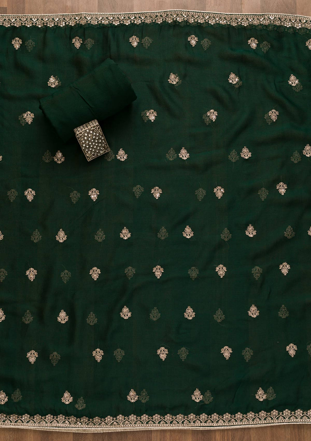 Bottle Green Zariwork Chiffon Unstitched Salwar Kameez-Koskii