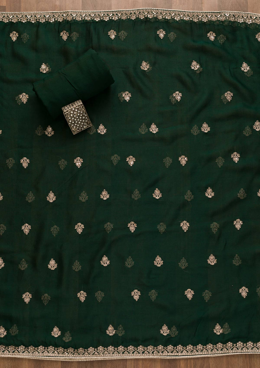 Bottle Green Zariwork Chiffon Unstitched Salwar Kameez-Koskii