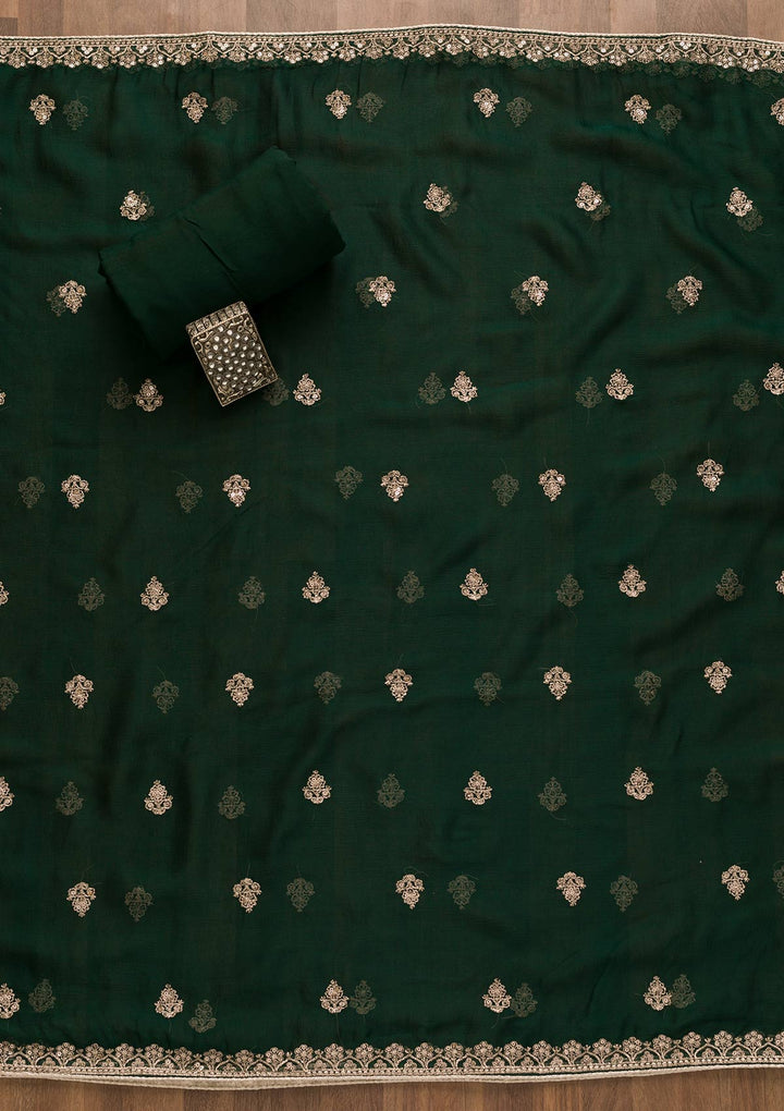 Bottle Green Zariwork Chiffon Unstitched Salwar Kameez-Koskii