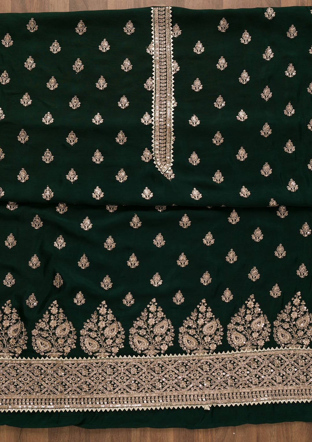 Bottle Green Zariwork Chiffon Unstitched Salwar Kameez-Koskii