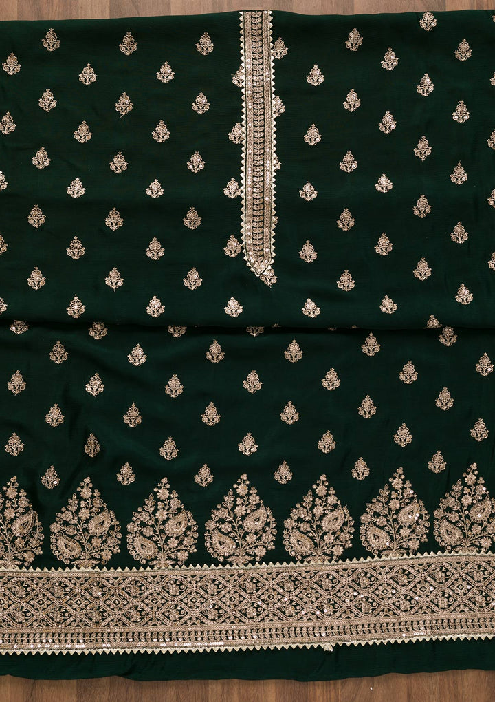 Bottle Green Zariwork Chiffon Unstitched Salwar Kameez-Koskii