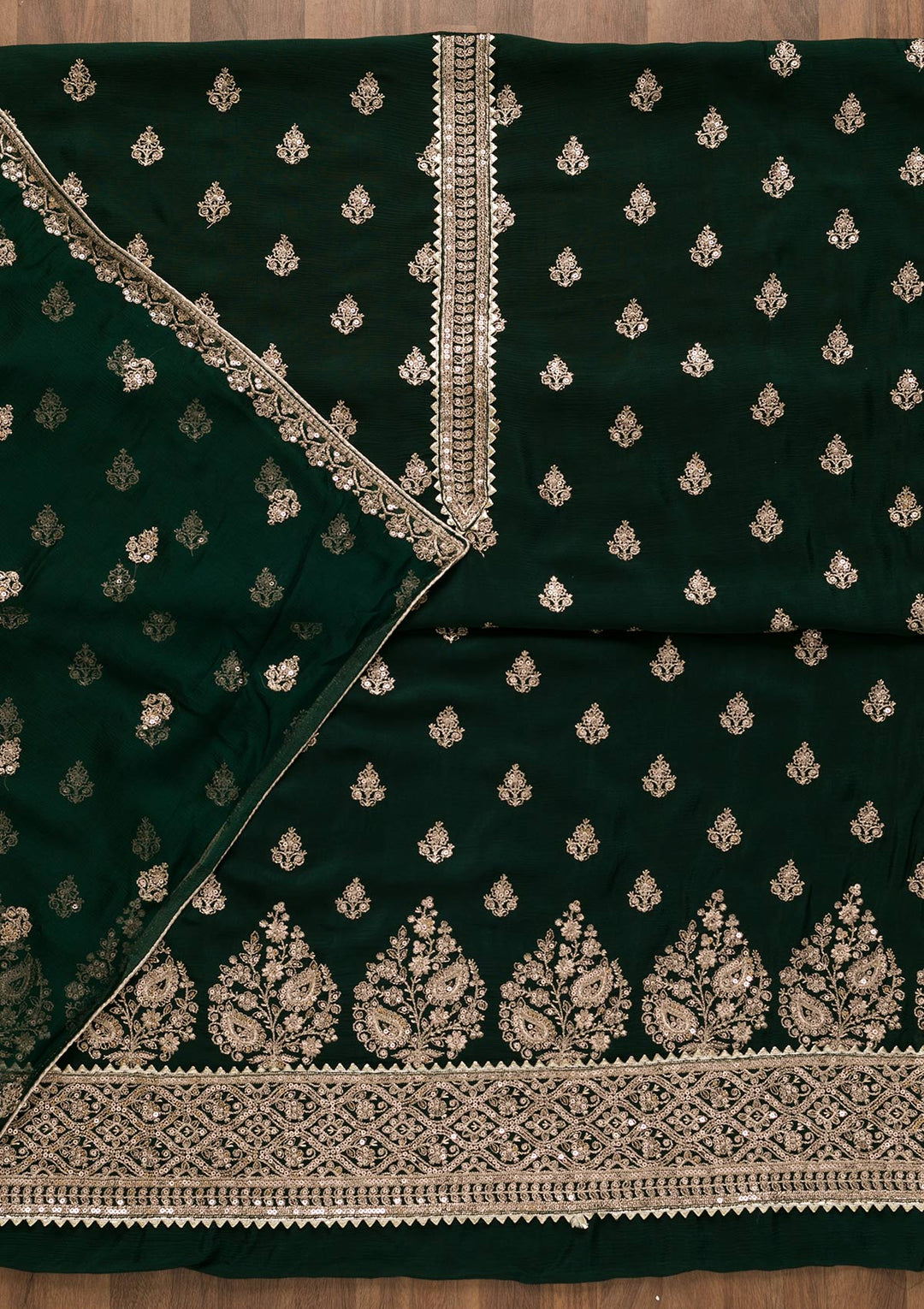 Bottle Green Zariwork Chiffon Unstitched Salwar Kameez-Koskii