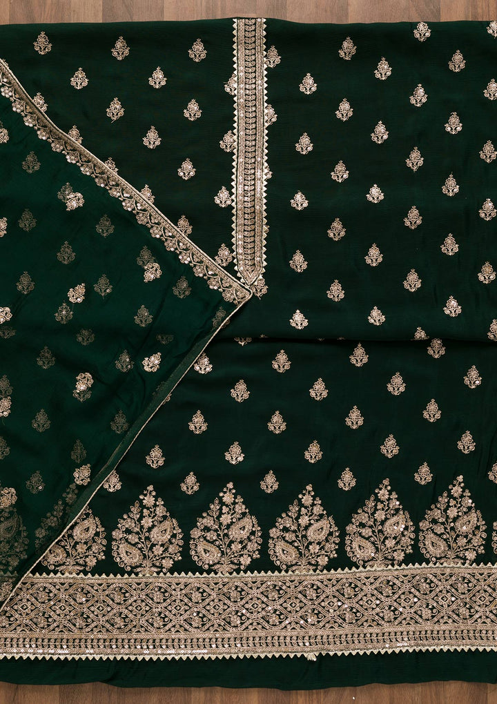 Bottle Green Zariwork Chiffon Unstitched Salwar Kameez-Koskii