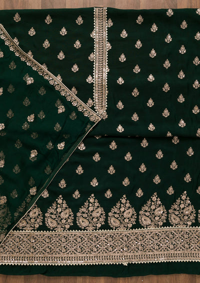 Bottle Green Zariwork Chiffon Unstitched Salwar Kameez-Koskii