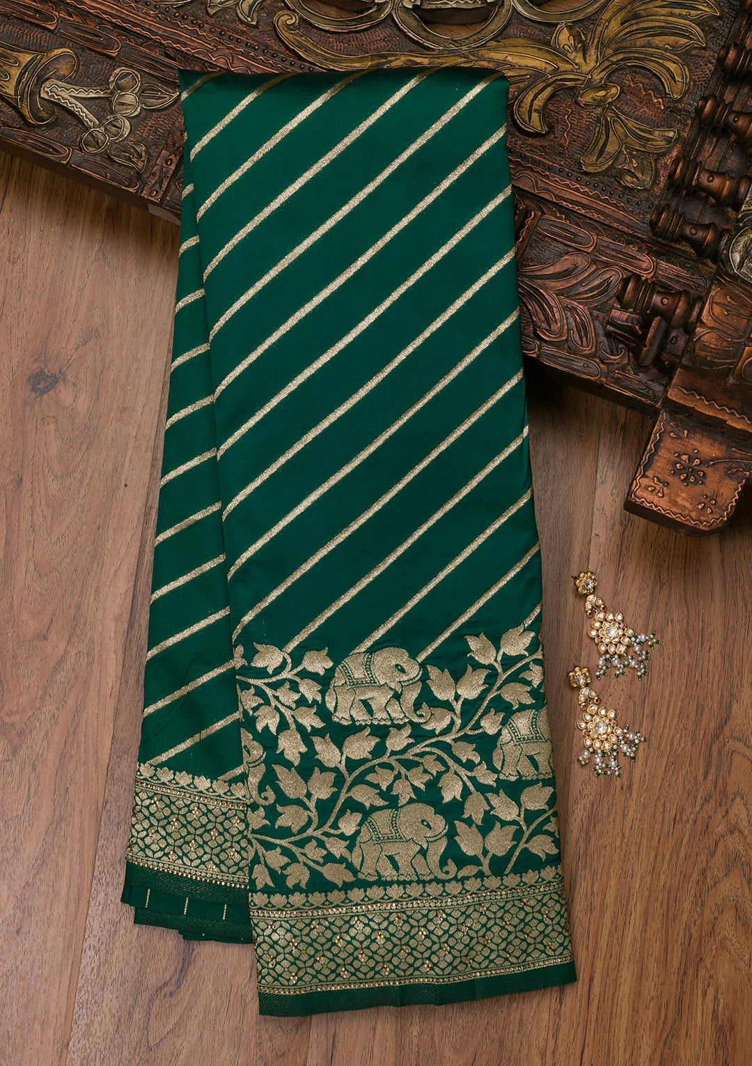 Bottle Green Zariwork Raw Silk Saree-Koskii