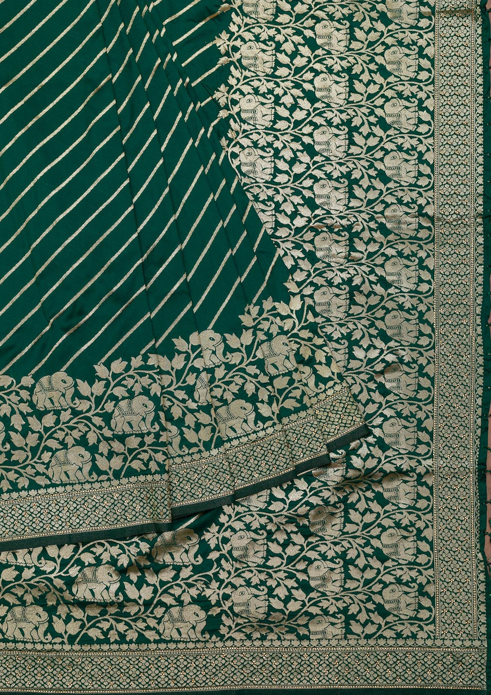 Bottle Green Zariwork Raw Silk Saree-Koskii