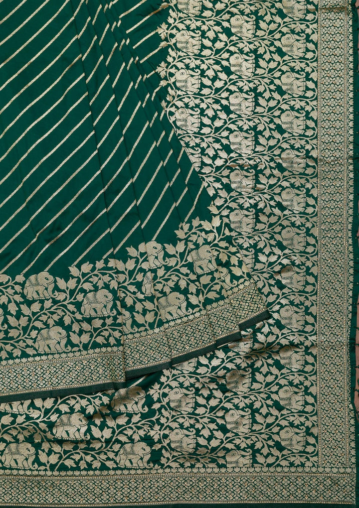 Bottle Green Zariwork Raw Silk Saree-Koskii