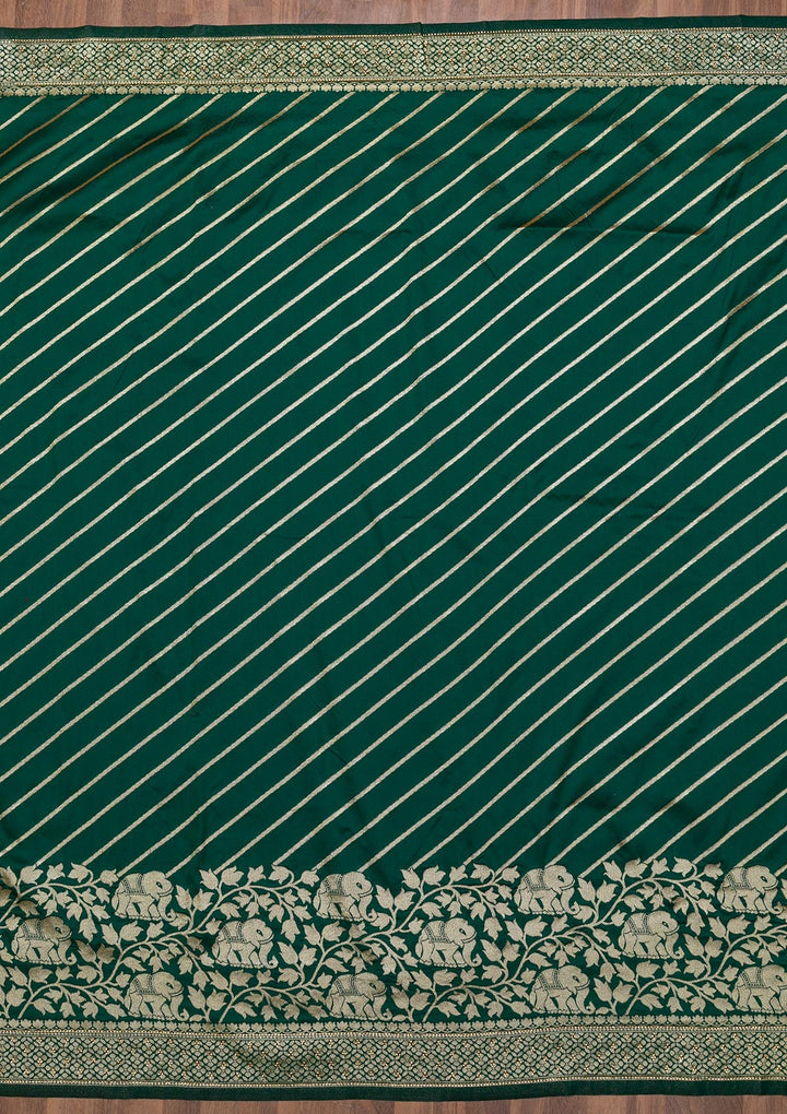 Bottle Green Zariwork Raw Silk Saree-Koskii