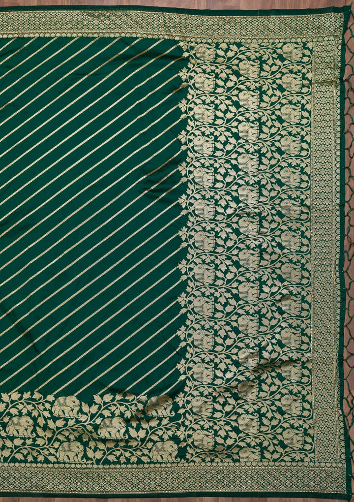 Bottle Green Zariwork Raw Silk Saree-Koskii