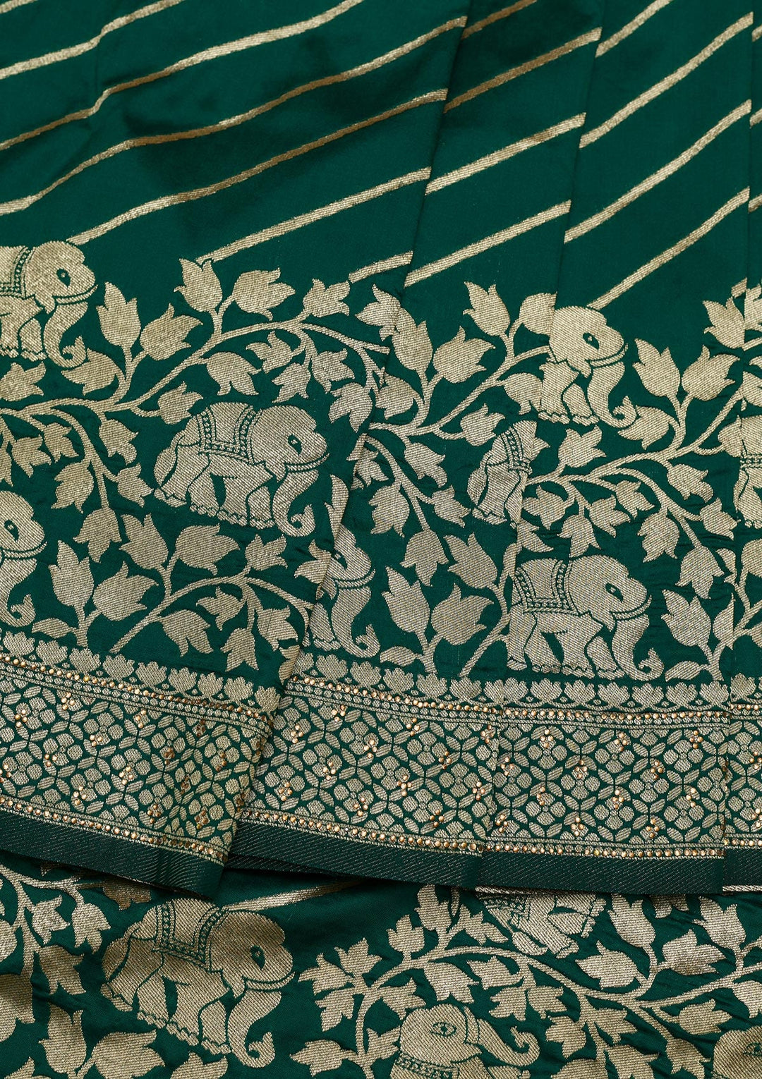 Bottle Green Zariwork Raw Silk Saree-Koskii