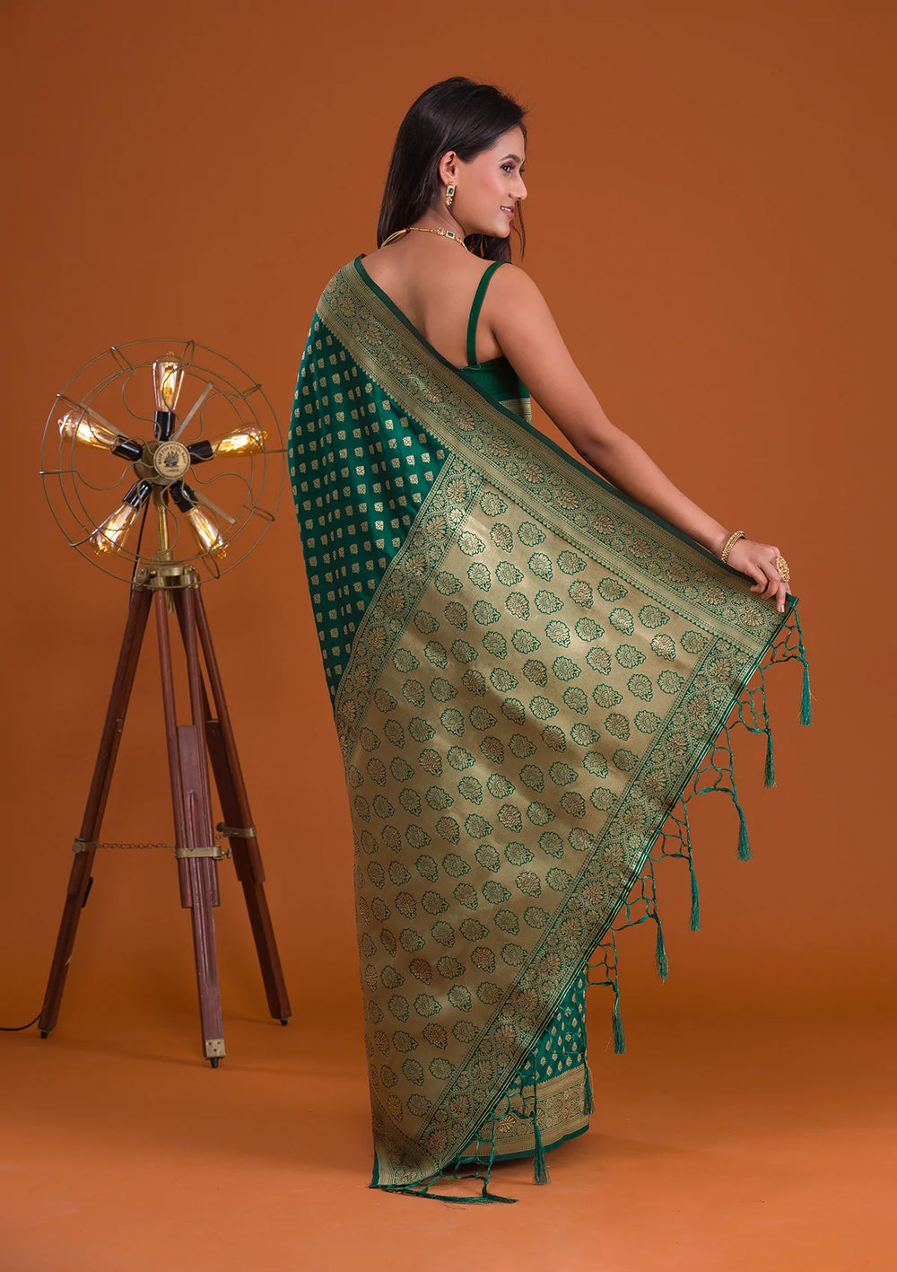 Bottle Green Zariwork Raw-Silk Saree-Koskii