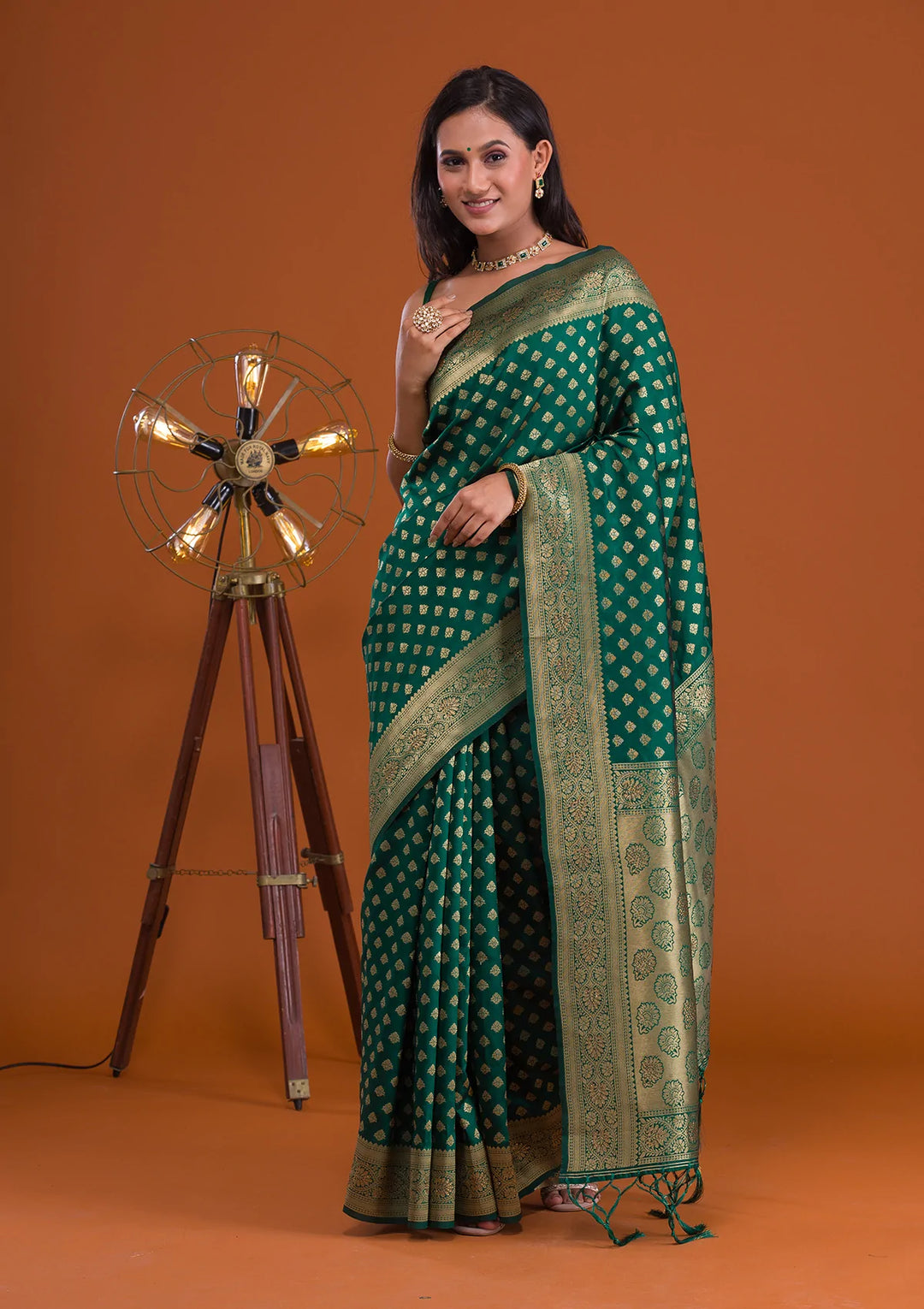 Bottle Green Zariwork Raw-Silk Saree-Koskii