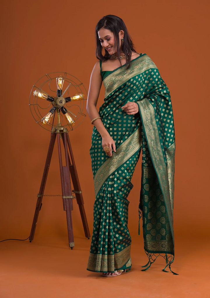 Bottle Green Zariwork Raw-Silk Saree-Koskii