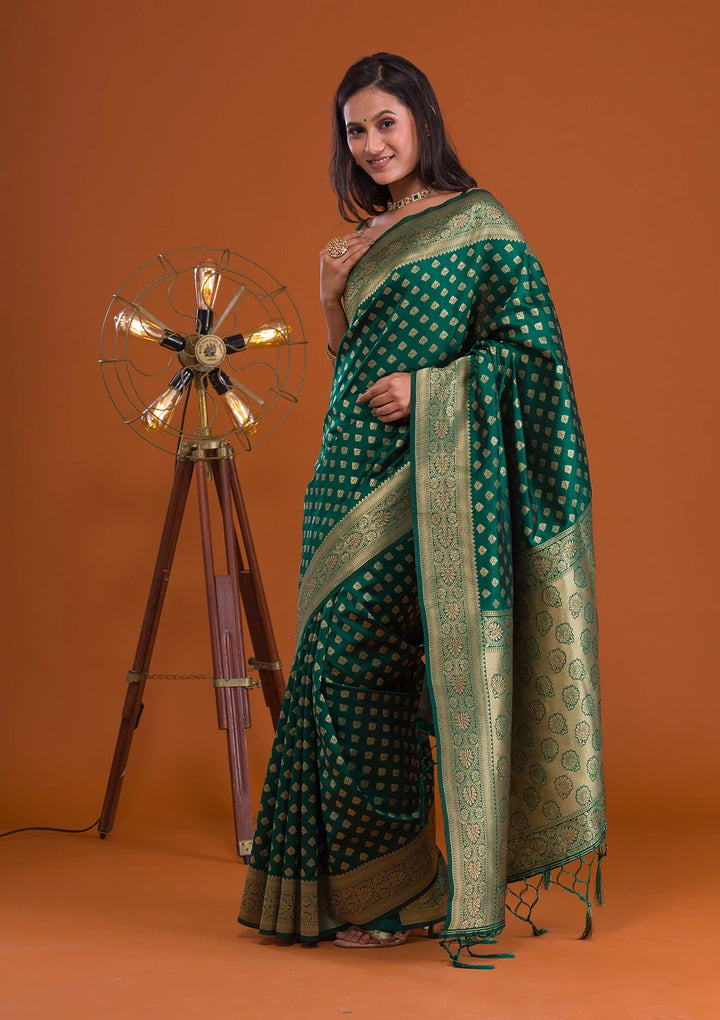 Bottle Green Zariwork Raw-Silk Saree-Koskii