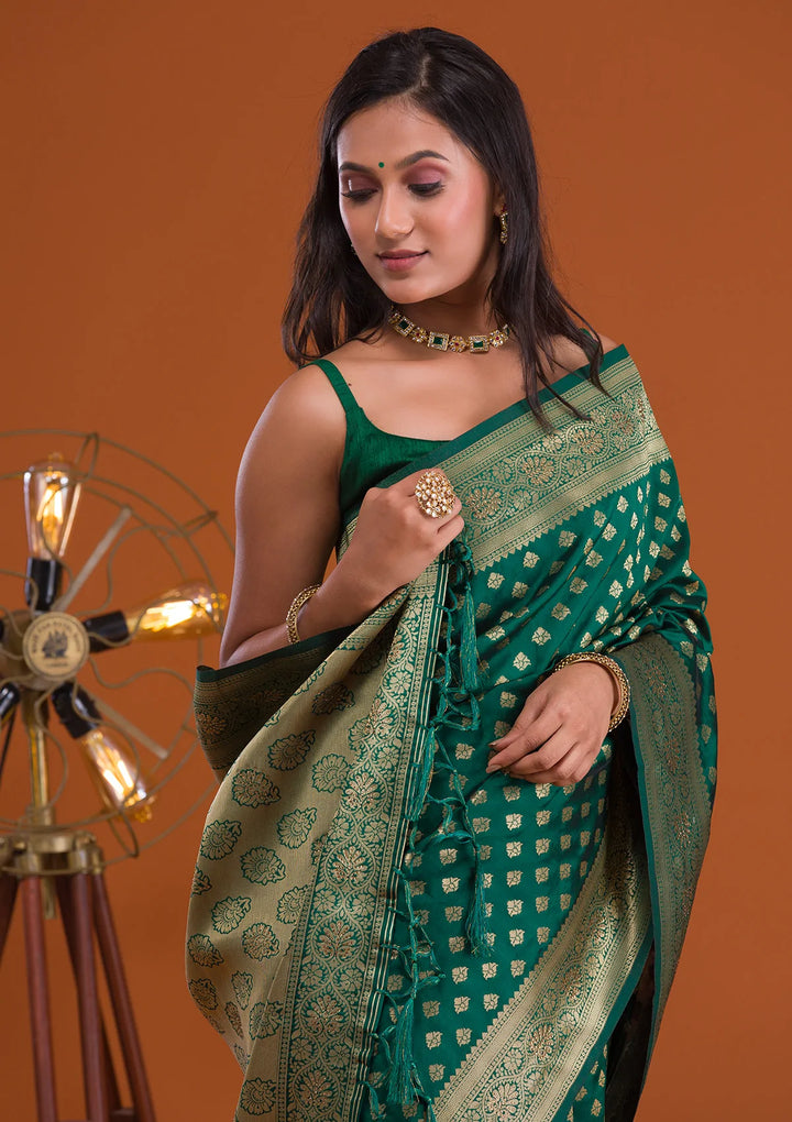 Bottle Green Zariwork Raw-Silk Saree-Koskii