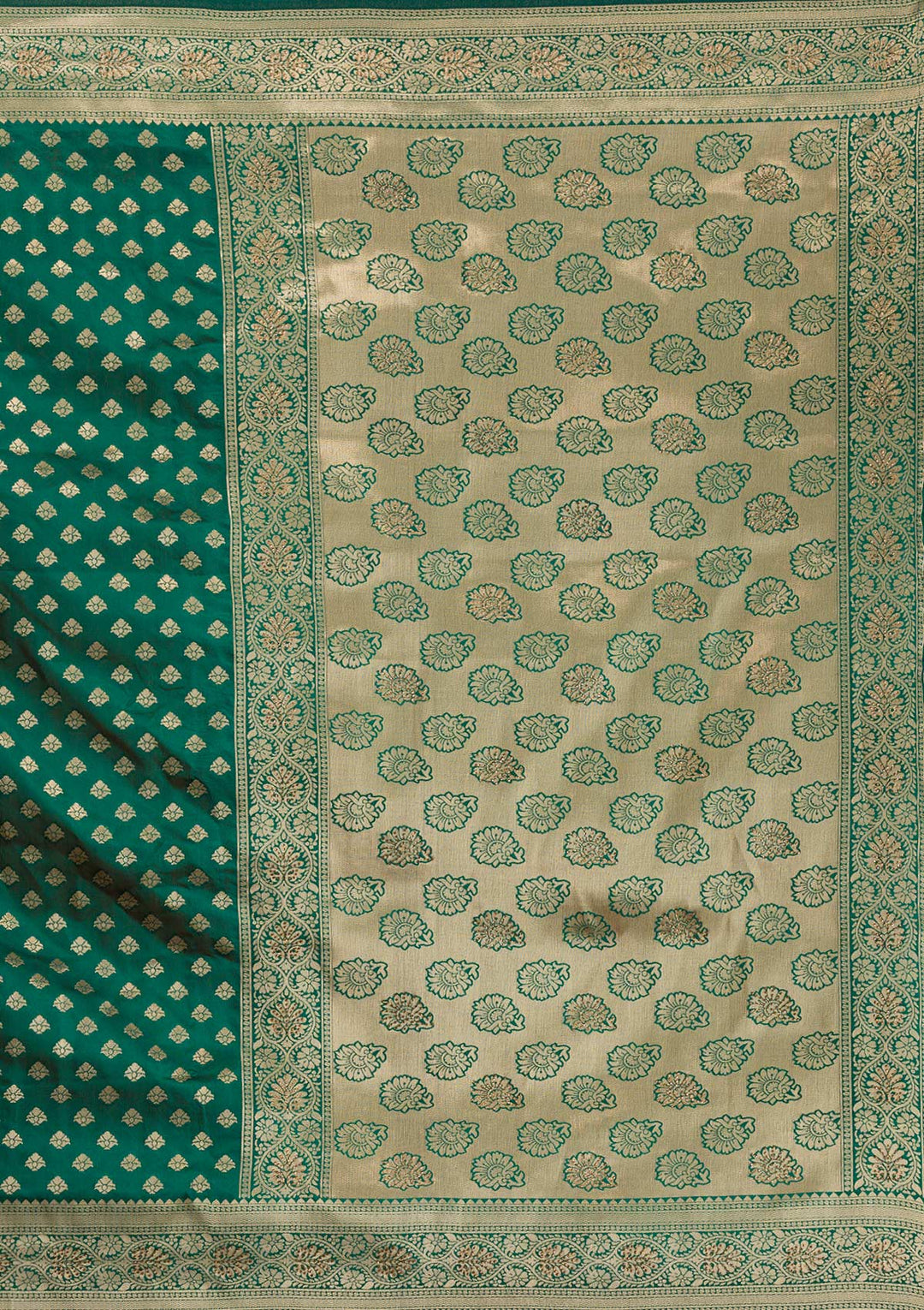 Bottle Green Zariwork Raw-Silk Saree-Koskii