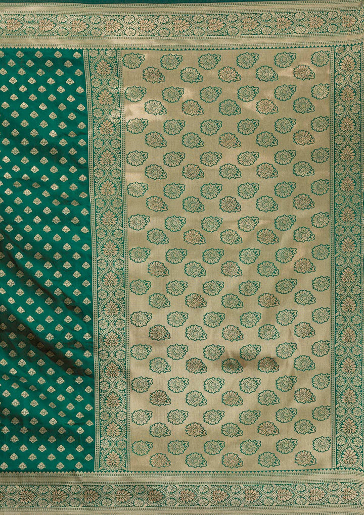 Bottle Green Zariwork Raw-Silk Saree-Koskii