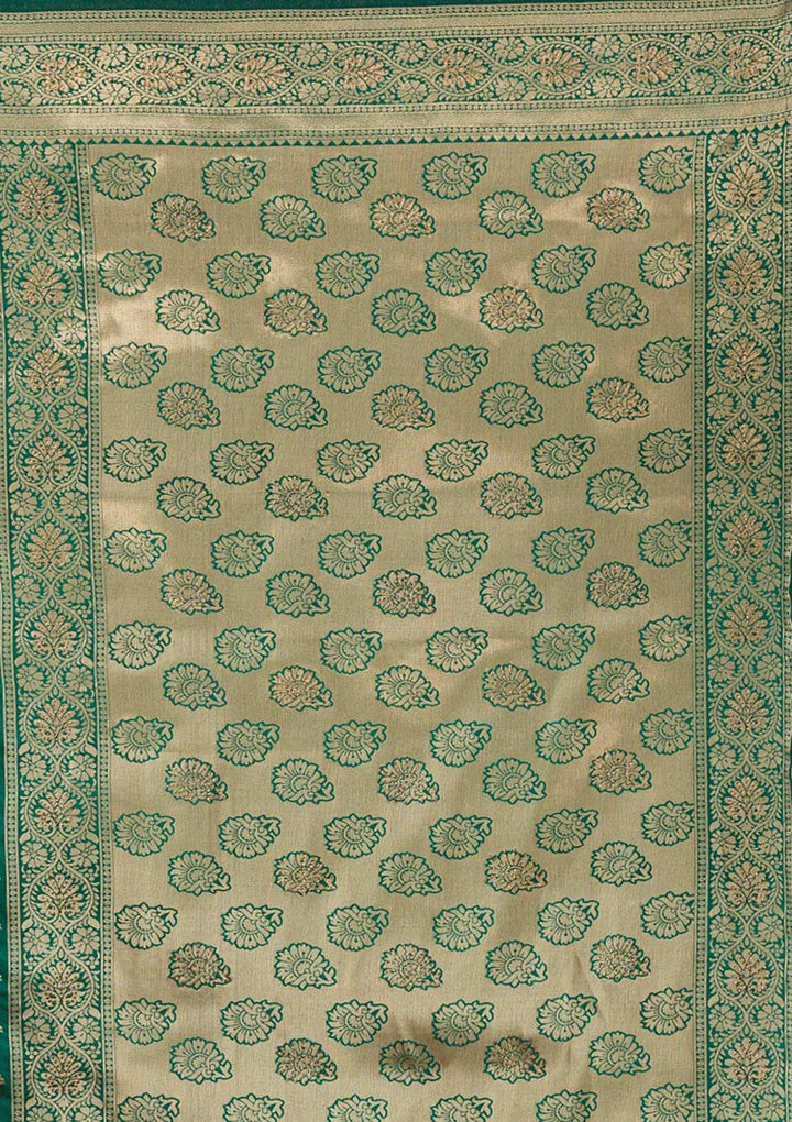 Bottle Green Zariwork Raw-Silk Saree-Koskii